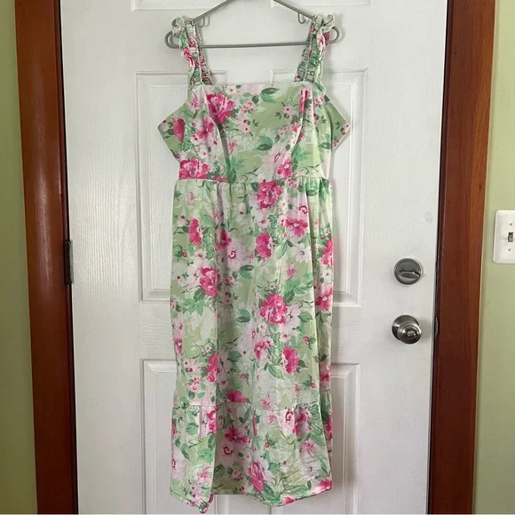 torrid green floral dress White Green Floral Tie Shoulder Split Midi Dress